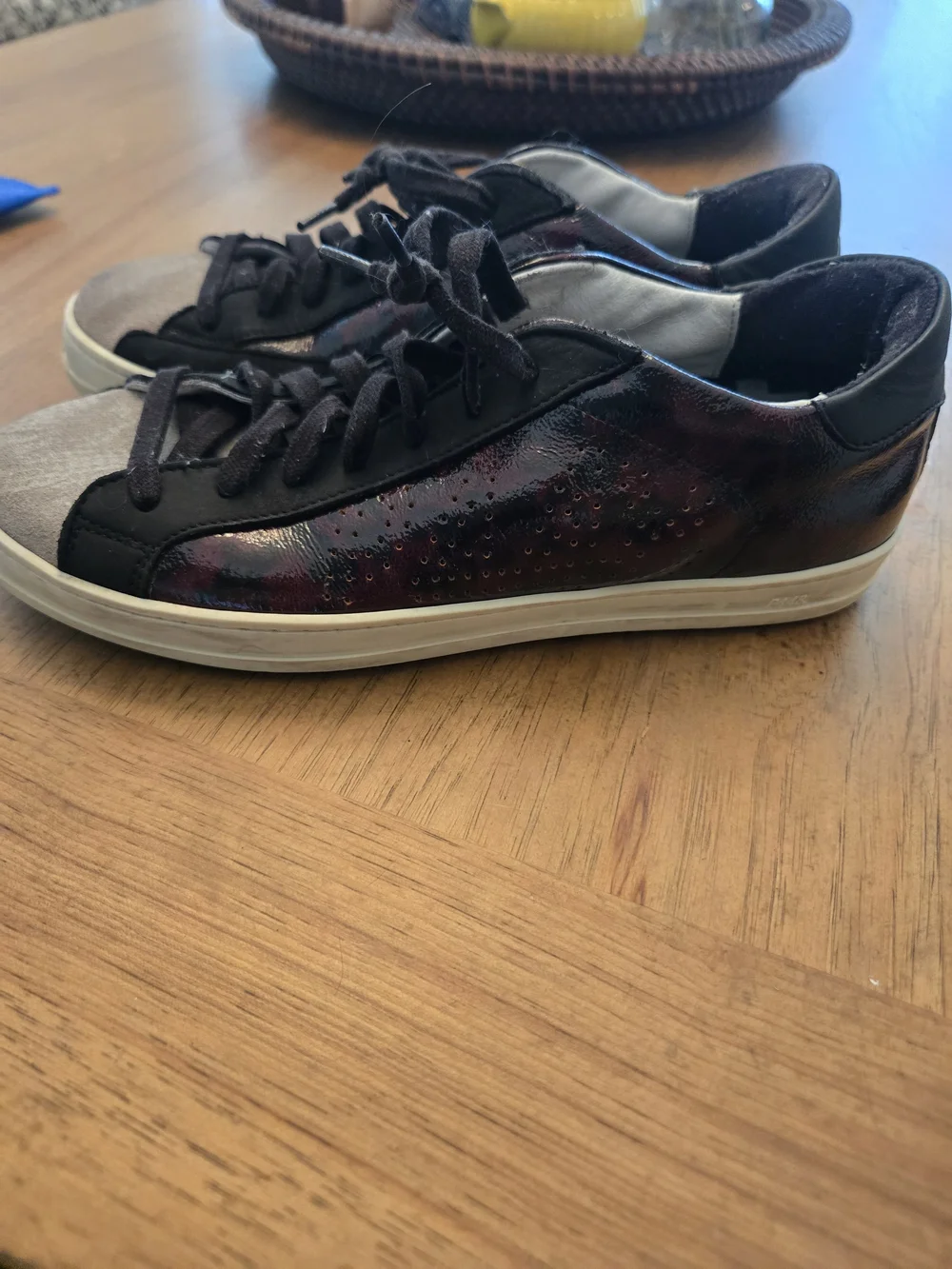 P448 Women’s Low-Top Lace-Up Sneakers in Black and Iridescent Burgundy